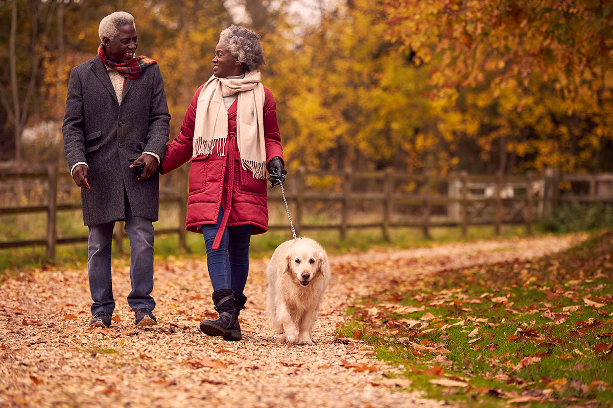 senior couple with tendonitis walking dog on beautiful Autumn day