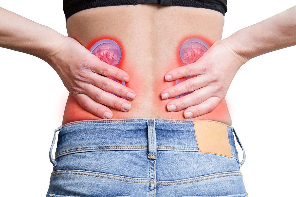 Woman holding her lower back with illustration of kidneys showing and redness indicating pain of end stage renal disease