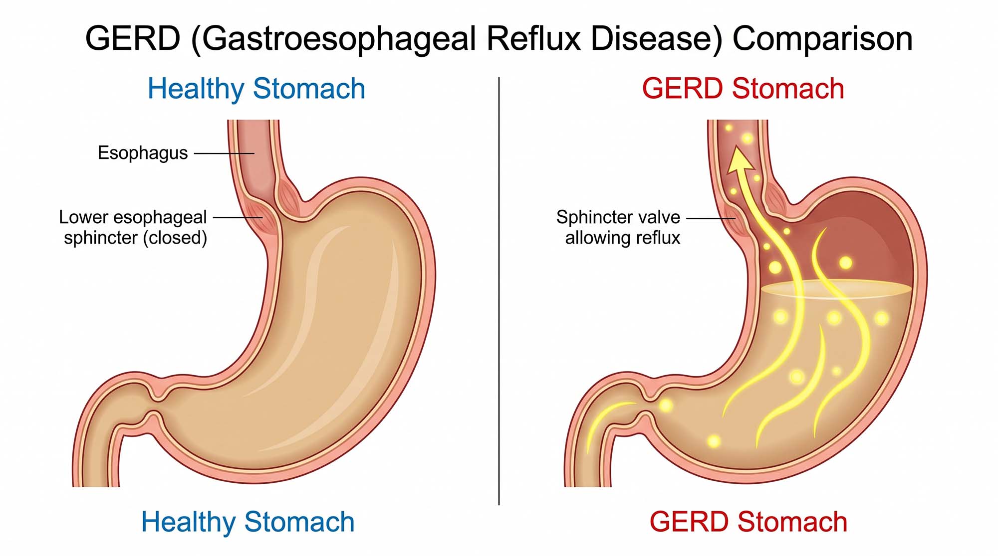 Labeled illustration of healthy stomach vs GERD Labeled illustration of healthy stomach vs GERD