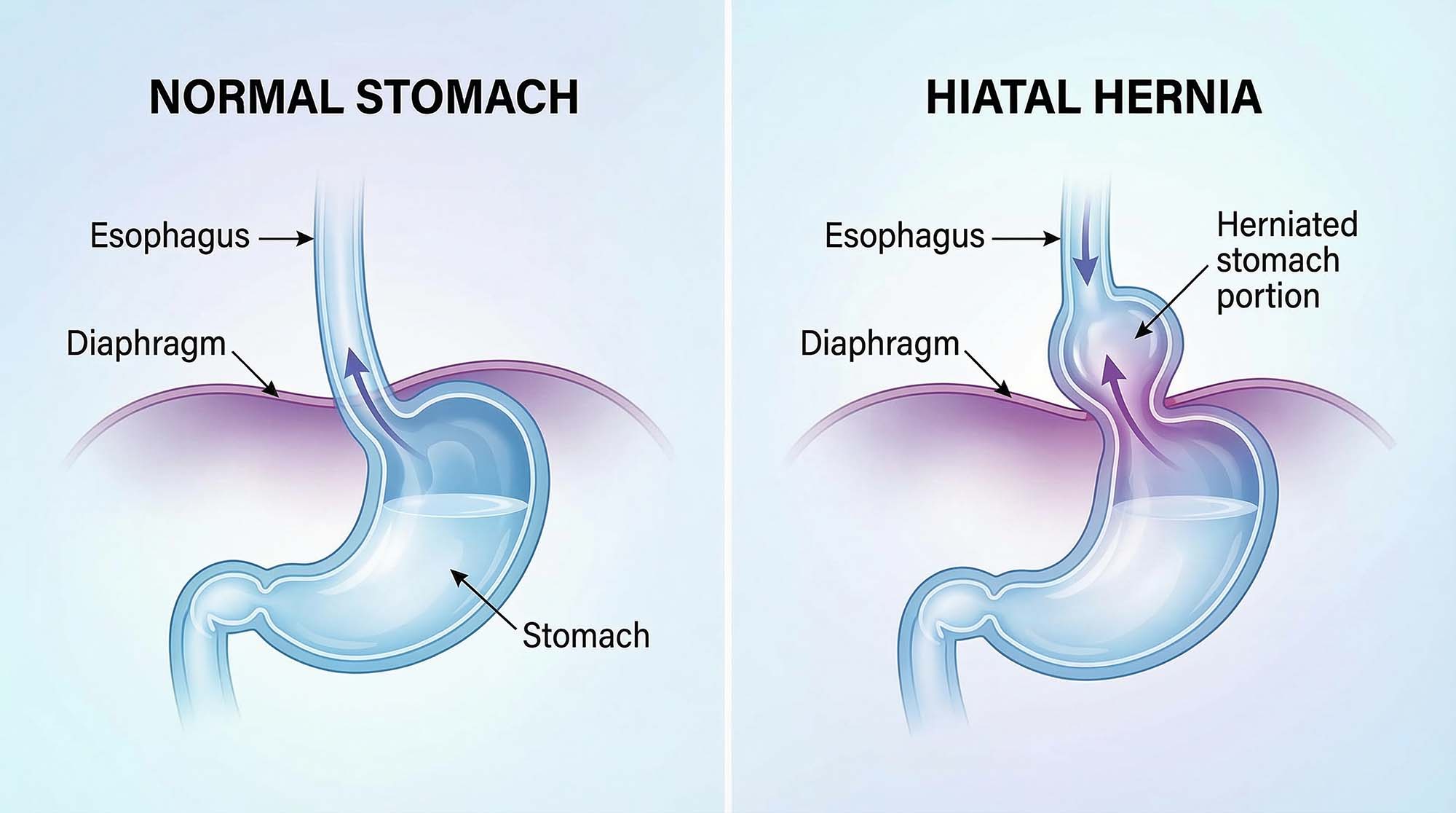 Normal stomach vs hiatal hernia illustration Normal stomach vs hiatal hernia illustration